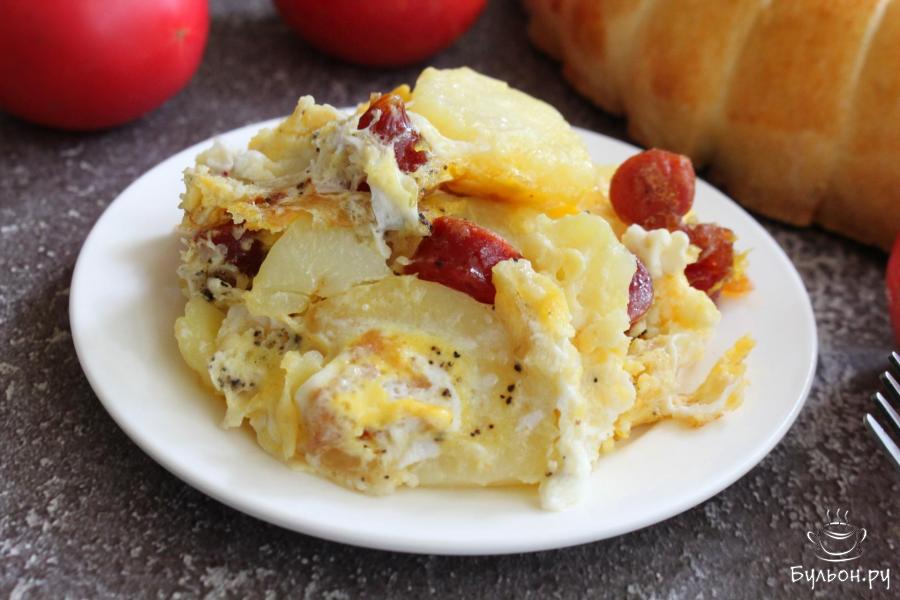 Вареная картошка с колбасками и яйцами на сковороде Вареная картошка с колбасками и яйцами на сковороде