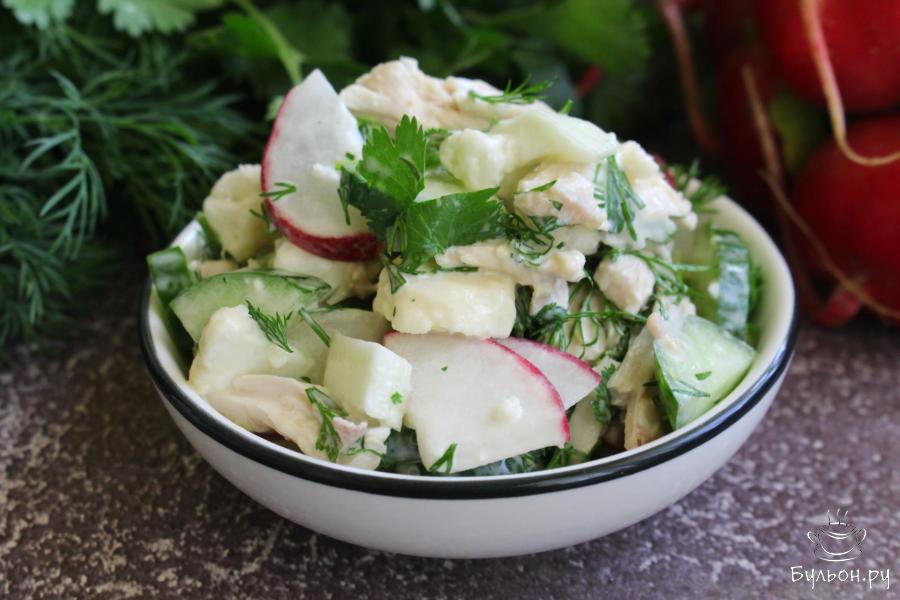 Весенний салат с огурцами, редиской и вареной курицей Весенний салат с огурцами, редиской и вареной курицей